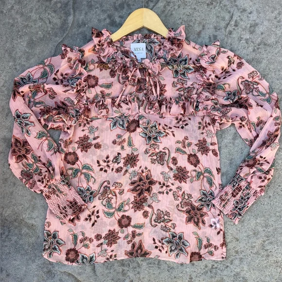 MISA Raffi Top Choco Rose Floral Ruffle Blouse - Picture 4 of 9